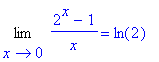 Limit((2^x-1)/x,x = 0) = ln(2)