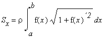S[x] = rho*Int(f(x)*sqrt(1+f(x)^`2`),x = a .. b)
