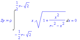 Sy := rho*Int(x*sqrt(1+x^2/(r^2-x^2)),x = -1/2*r*sq...