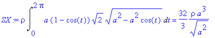 SX := rho*Int(a*(1-cos(t))*sqrt(2)*sqrt(a^2-a^2*cos...
