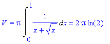 V := Pi*Int(1/(x+sqrt(x)),x = 0 .. 1) = 2*Pi*ln(2)